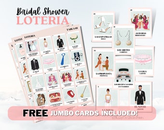 Bridal Shower Loteria, 50 Non-Repeated Boards with 54 Custom Calling Cards Included. Loteria Despedida De Soltera.