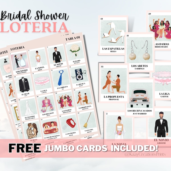 Bridal Shower Loteria, 50 Non-Repeated Boards with 54 Custom Calling Cards Included. Loteria Despedida De Soltera.