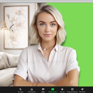 May include: A woman with blonde hair is sitting in front of a green screen. She is wearing a white shirt and has a necklace on. The background is a green screen, which is commonly used for video conferencing and editing.