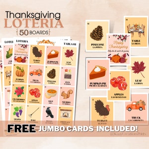 Loteria de Thanksgiving, 50 cartes non répétées avec 54 cartes de visite personnalisées incluses. Jeu de bingo. Téléchargement instantané