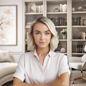 May include: A young woman with blonde hair is wearing a white button-down shirt. She is sitting in a chair in front of a bookshelf. The bookshelf is filled with books and decorative items.