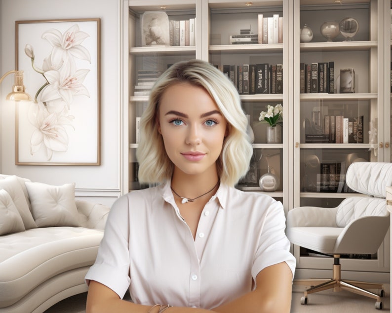 May include: A young woman with blonde hair is wearing a white button-down shirt. She is sitting in a chair in front of a bookcase. The bookcase is filled with books and decorative items.