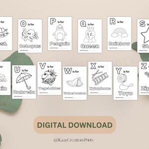 May include: Black and white printable alphabet colouring pages featuring letters A through Z with corresponding illustrations. Each page includes the letter, the word "is for", and a picture of an object that starts with that letter. For example, the letter N is for Nest, the letter O is for Octopus, and the letter P is for Penguin.