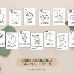May include: A set of 12 printable alphabet colouring pages featuring an illustration of an object that starts with each letter of the alphabet. The illustrations include an apple, ball, cat, donut, elephant, fish, guitar, heart, ice cream, jellyfish, kite, lion, moon. The pages are designed for children to colour and learn the alphabet. The text "SIZES AVAILABLE 5X7 IN & 8.5X11 IN @KaayCreationsPrints" is at the bottom of the image.