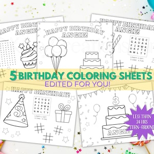 Custom Birthday Coloring and Activity Sheets for Kids. Birthday Coloring Pages for Kids. Personalized Set of Birthday Party Coloring Sheets.