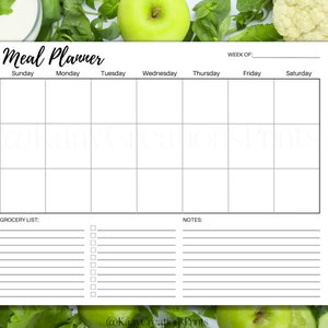 May include: A black and white printable meal planner with a grocery list and notes section. The planner is divided into seven days of the week, with spaces for breakfast, lunch, and dinner.