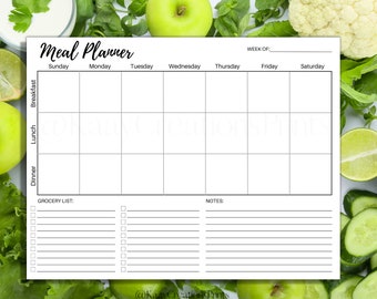 Printable Meal Planner, Weekly Menu Planner with Grocery List & Notes, Instant Download Meal Planner
