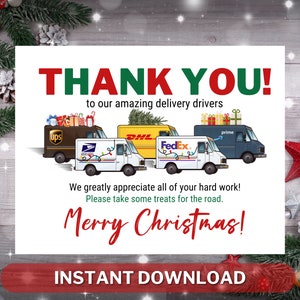 Op de afbeelding: Een bedankkaartje om te printen voor bezorgers met een feestelijk kerstthema. De kaart heeft een rood en groen "Bedankt!"-bericht, een rij bestelwagens met logo's voor UPS, USPS, DHL, FedEx en Amazon Prime, en de tekst "Prettige Kerst!" in rood en groen. De kaart bevat ook de tekst "Direct downloaden".