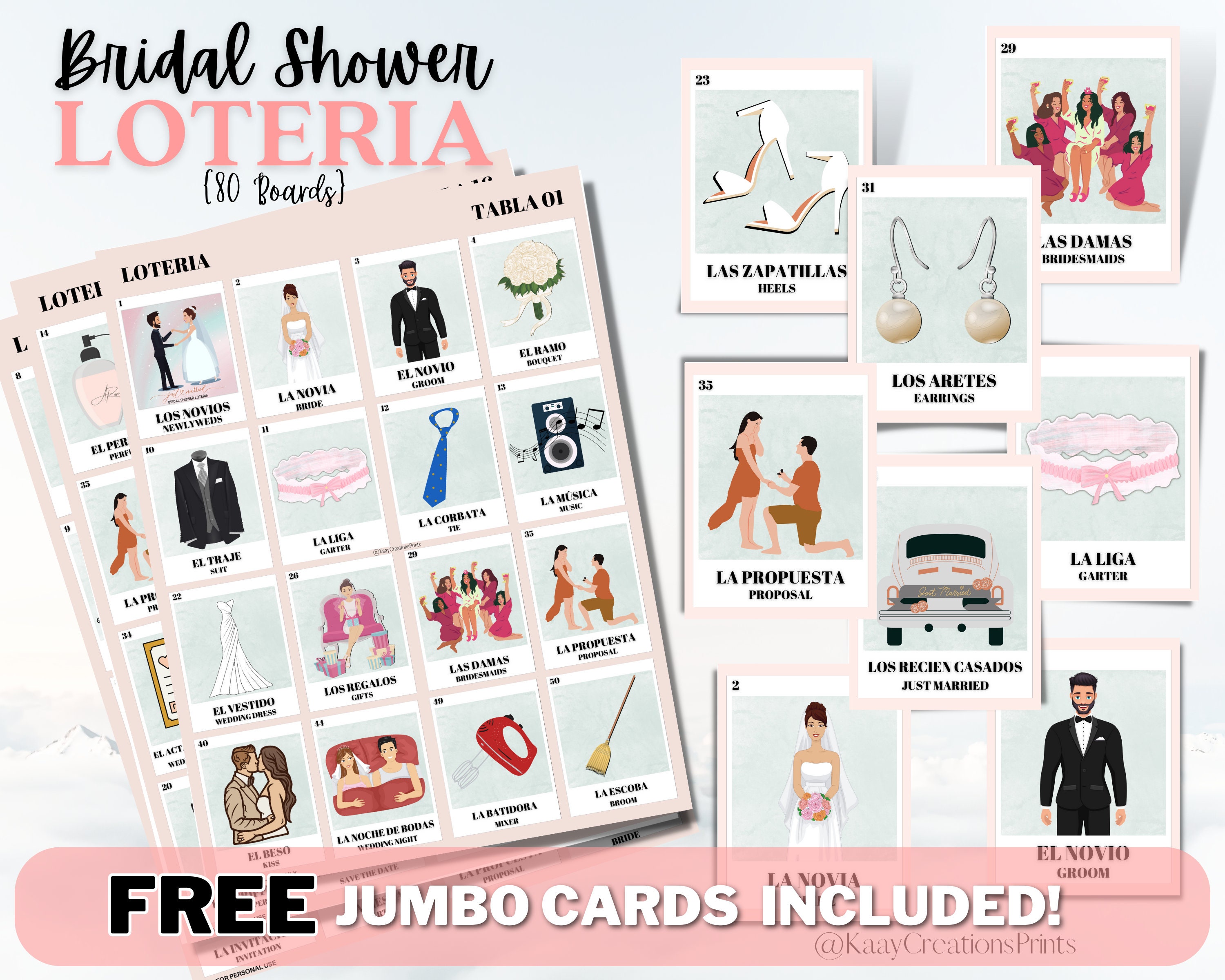Bridal Shower Loteria, 80 Non-Repeated Boards with 54 Custom Calling Cards Included. Loteria Despedida De Soltera.