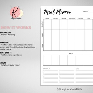May include: A black and white printable meal planner with sections for breakfast, lunch, dinner, snacks, a grocery list, and notes. The planner includes a weekly calendar with days of the week labeled Sunday through Saturday.