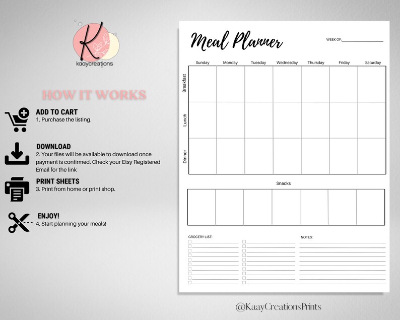 May include: A black and white printable meal planner with sections for breakfast, lunch, dinner, snacks, a grocery list, and notes. The planner includes a weekly calendar with days of the week labeled Sunday through Saturday.