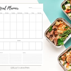 May include: A black and white printable meal planner with a weekly calendar layout. The planner includes sections for breakfast, lunch, dinner, snacks, a grocery list, and notes. The planner is surrounded by three images of prepared meals in aluminum containers.