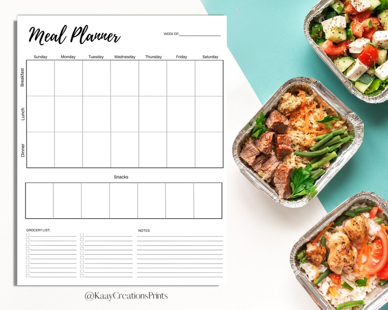 May include: A black and white printable meal planner with a weekly calendar layout. The planner includes sections for breakfast, lunch, dinner, snacks, a grocery list, and notes. The planner is surrounded by three images of prepared meals in aluminum containers.