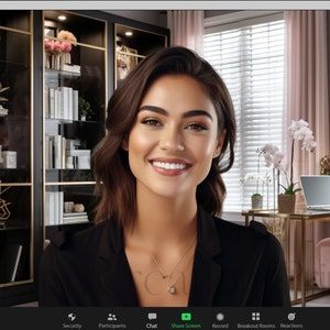 May include: A woman with brown hair and a black shirt smiles at the camera during a video call. The background shows a home office with a desk, a chair, a bookshelf, and a painting of pink flowers.