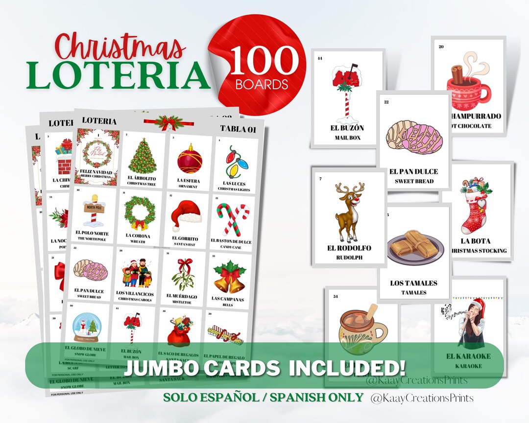 Christmas Loteria, 100 Non-repeated Boards With 54 Custom Calling Cards ...