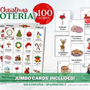 Lotería de Navidad, 100 tableros no repetidos con 54 tarjetas de presentación personalizadas incluidas. Descarga instantánea para imprimir. Bingo navideño.