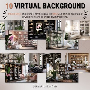 May include: Ten digital backgrounds showcasing various rooms with bookshelves, furniture, and plants. The rooms are decorated in a contemporary style with a neutral colour palette. The backgrounds are ideal for virtual meetings or online presentations.