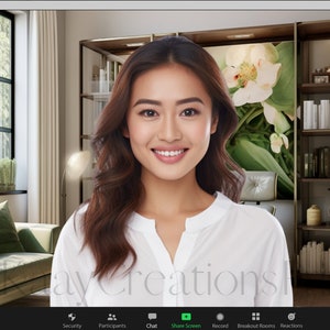 May include: A woman with long brown hair is smiling at the camera. She is wearing a white shirt and is in front of a virtual background with a floral design and a bookshelf.