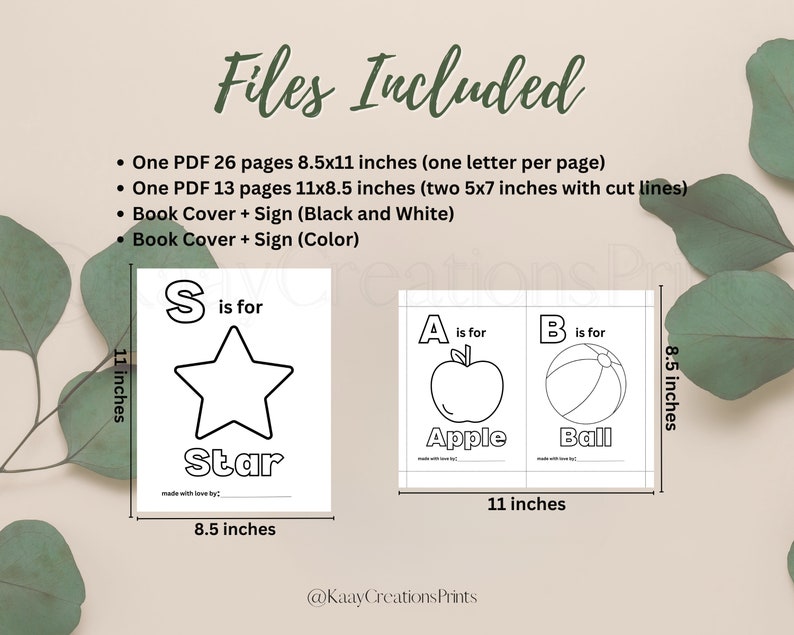 May include: Black and white printable alphabet book pages featuring the letters S, A, and B. The pages are 8.5 inches by 11 inches and include illustrations of a star, apple, and ball. The text reads "S is for Star", "A is for Apple", and "B is for Ball".