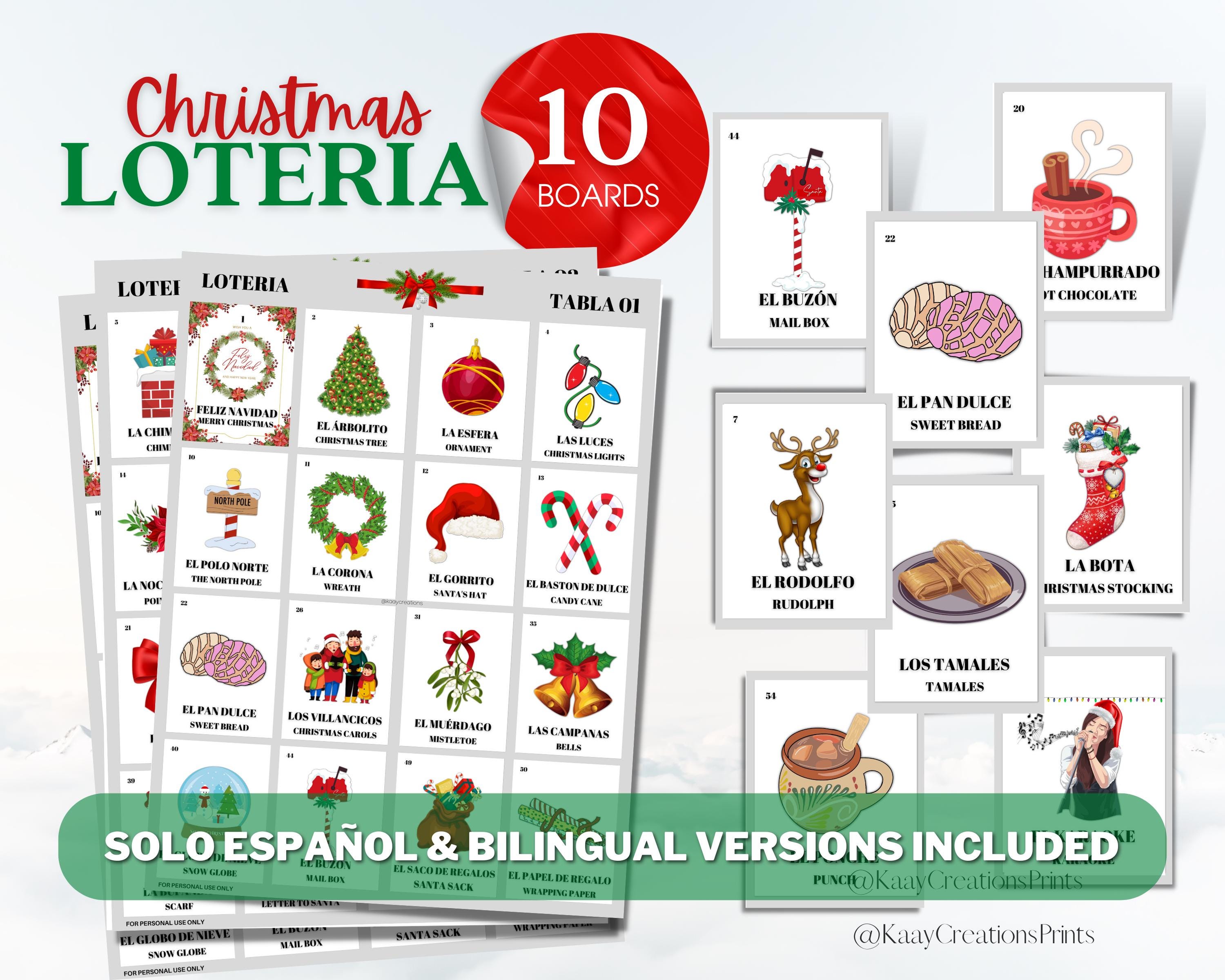 Christmas Loteria, 10 Non-Repeated Boards with 54 Custom Calling Cards Included, Instant Printable Download. Christmas Bingo.