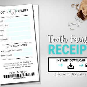 Recibo del hada de los dientes, recibo de diente perdido del niño, complete para obtener un toque auténtico, descarga imprimible instantánea