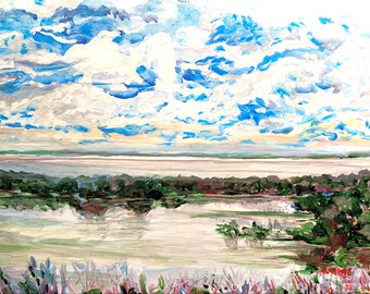 May include: A painting of a landscape with a large body of water in the foreground and a cloudy sky in the background. The water is a light blue color and the sky is a light blue with white clouds. The painting is done in a loose, impressionistic style.