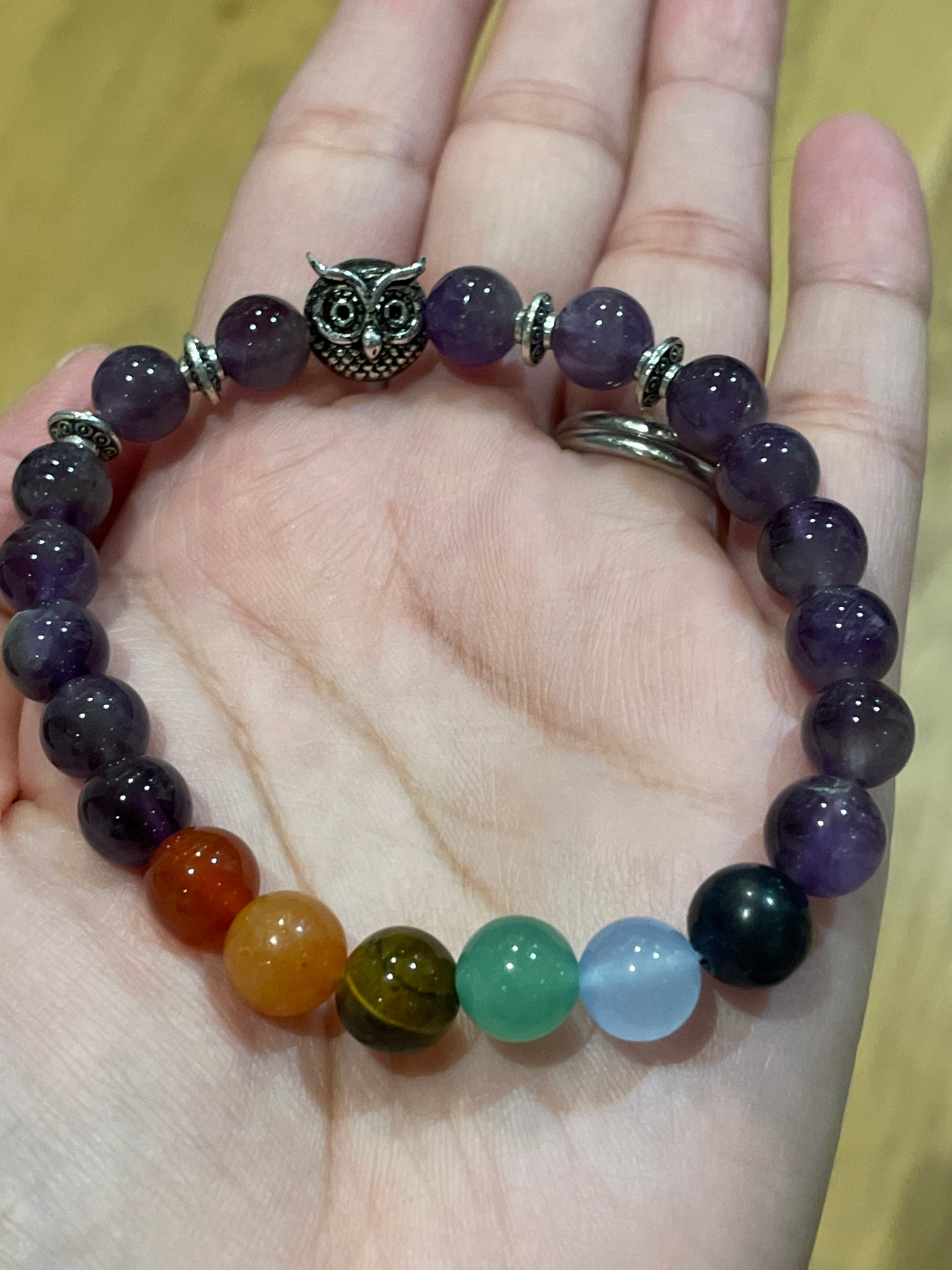 Amethyst chakra bracelet with owl; crystal beads