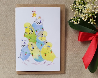 Christmas card(s) featuring a cute budgie Christmas tree. 6 different coloured Australian pet budgerigars decorated for the holiday season.