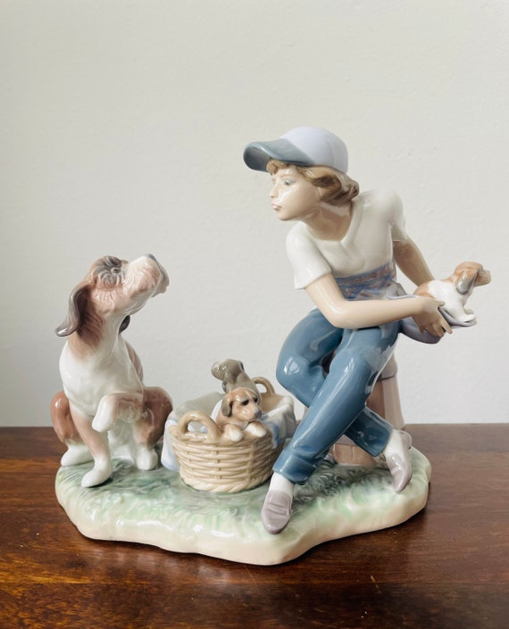 Lladro Porcelain Figurine this Ones Mine Boy With Dog & Puppies 