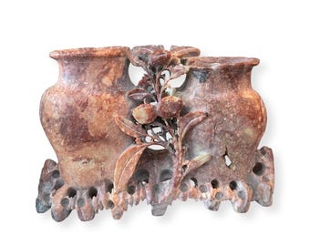 Beautiful Floral Earth Tone Hand Carved 2 Vase Textured Stone Carving