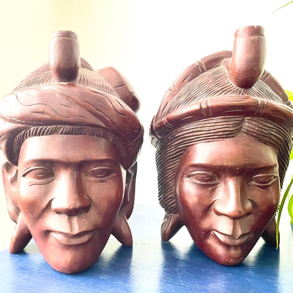 Vintage Hand Carved Wooden Tribal Head Sculptural Bookends