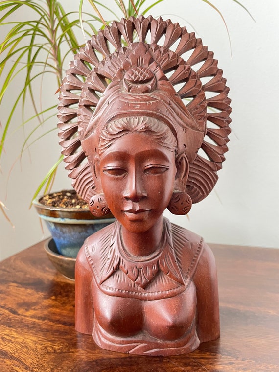 Indonesian Carved Wooden Bust Statue Goddess Etsy
