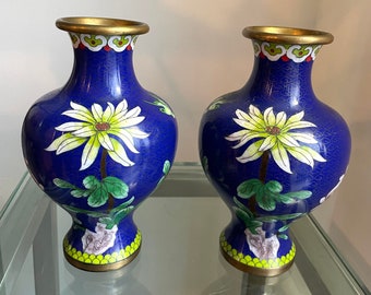 Floral Cloisonné Set of 2 Vases Blue Green Yellow