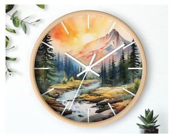 Watercolor Mountains 10" Round Wall Clock - Home Decor - Wall Art - Living Room - Kitchen - Bedroom - Office - Wall Decor - White - Wood