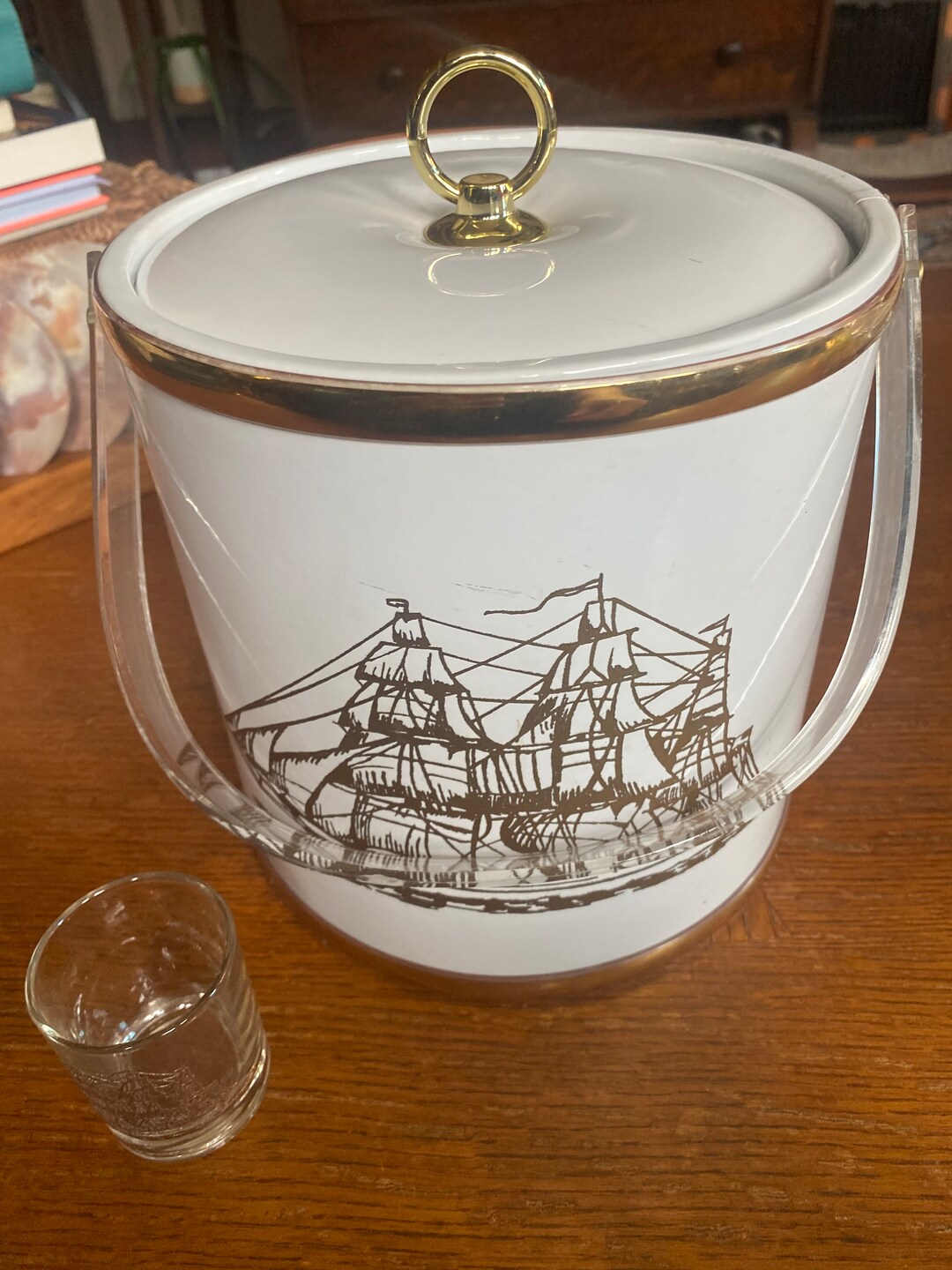 Vintage MCM Ice Bucket Olé Spice Sailing Ship W/lucite Handle. With