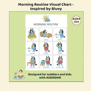 Blåaktig morgonrutin och toalettschema - Utskrivbart visuellt schema för barn, småbarnsrutin för förskoleklass, visuellt stöd för autism