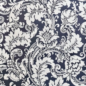 Vintage 70s Baroque Victorian style large floral scroll hand printed wallpaper | white on black | retro decorator statement wallpaper