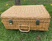 Vintage woven rattan cane suitcase wicker picnic basket 60s 70s travel hamper