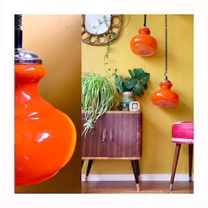 Vintage 60s 70s pendant light | orange opaline cased glass rise & fall light | mid century atomic Italian Guzzini style space age decor