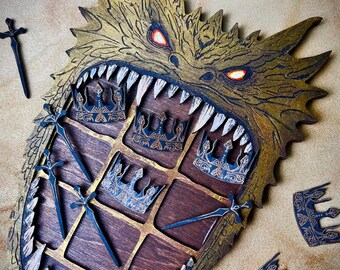 Dragon tic tac toe— handmade wooden tic tac toe game swords & crowns whimsical bookish fantasy