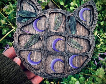 RIP cat toe — handmade wooden tic tac toe game coffin & moon witchy whimsical bookish