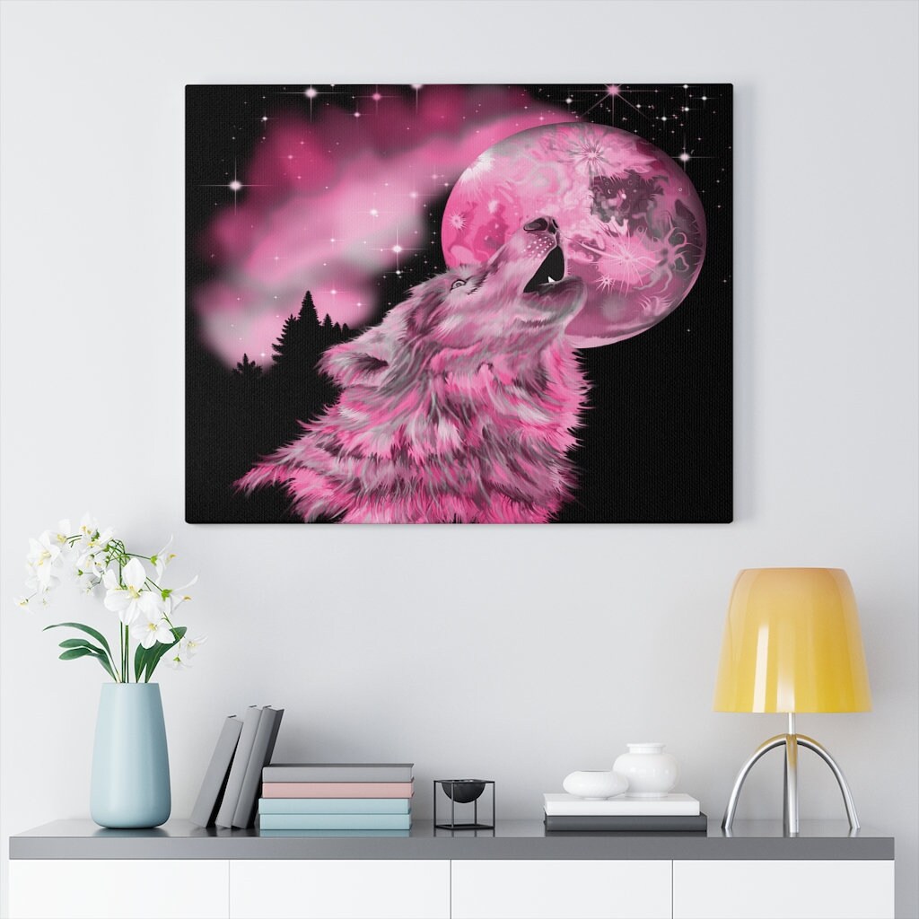 Pink Howling Wolf at the Moon Canvas | Original Unique Wall Art