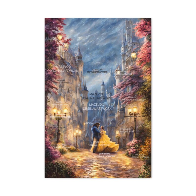 Beauty and the Beast Dancing Wall Art - Stretched Canvas Print, Fantasy Castle Scene Painting, Romantic Poster, Decorative Artwork, image 4