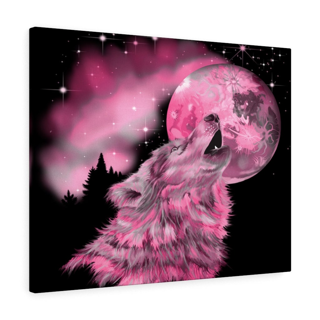 Pink Howling Wolf at the Moon Canvas | Original Unique Wall Art