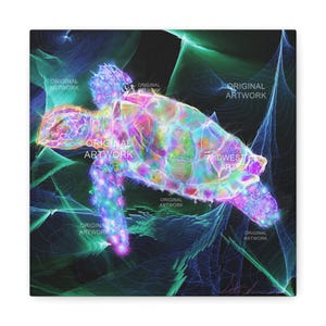 Colorful Sea Turtle Canvas Art | Neon Ocean Wall Decor | Abstract Sea Life Painting | Stretched Coastal Art Print | Vibrant Original Poster