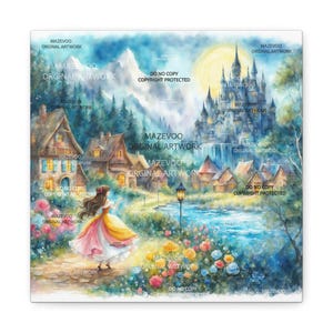 Beauty and the Beast Inspired Canvas Print Wall Art - Belle in Fairytale Village with Castle - Enchanted Art Decor Painting Watercolor