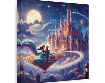 Aladdin and Jasmine on Magic Carpet Stretched Canvas Wall Art - Moonlit Castle Fantasy Print, Perfect Decor or Poster for Fairytale Lovers,