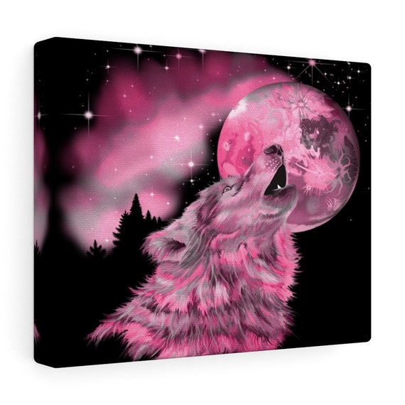 Pink Howling Wolf at the Moon Canvas | Original Unique Wall Art