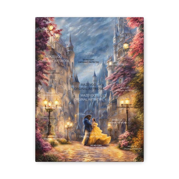 Beauty and the Beast Dancing Wall Art - Stretched Canvas Print, Fantasy Castle Scene Painting, Romantic Poster, Decorative Artwork,