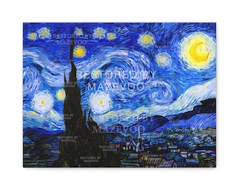 May include: A painting of a starry night sky with a large yellow moon and a swirling blue sky. The painting is done in a style reminiscent of Vincent van Gogh's "Starry Night" painting.